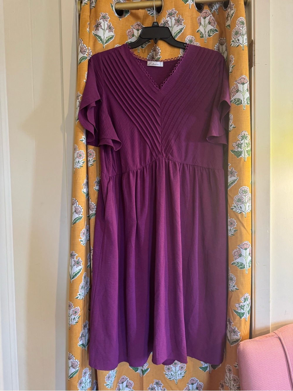 Plum V-Neck Pleated Midi Dress